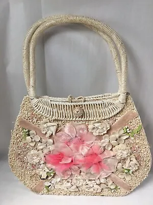 Vintage Faux Velvet Floral Plastic Weave Wicker Purse Made In Japan With Beads • $25.50