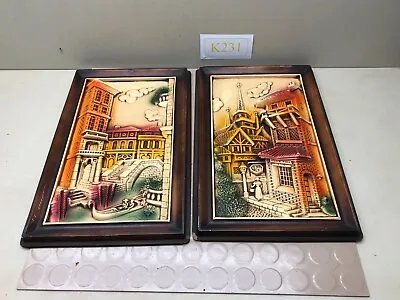 Vintage Pair Of Plastic 3D Relief Pictures - French Cafe Street • $7.49