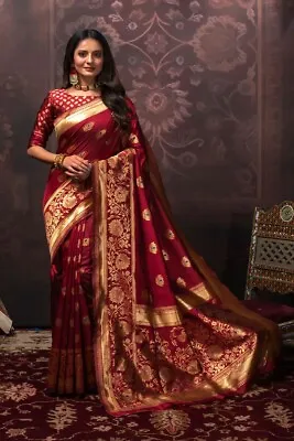 $50 • Buy Bollywood Indian Pakistani Red Silk Saree Woven Design Wedding Wear Fancy Saree