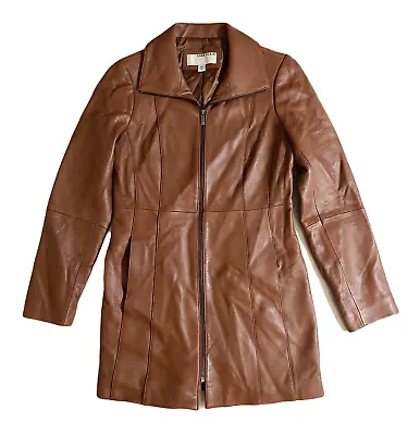 $198.49 • Buy Anne Klein Cognac Brown Leather Jacket Petite Small PS Moto