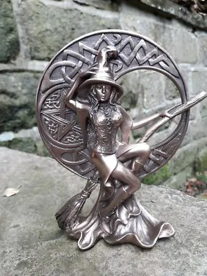 Witch With Celtic Moon Ornamental Figure / Witch On Broomstick Bronze Effect • £20.90