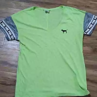 PINK VICTORIA'S SECRET Women's Neon Green Vneck Short Sleeved Tshirt • $9