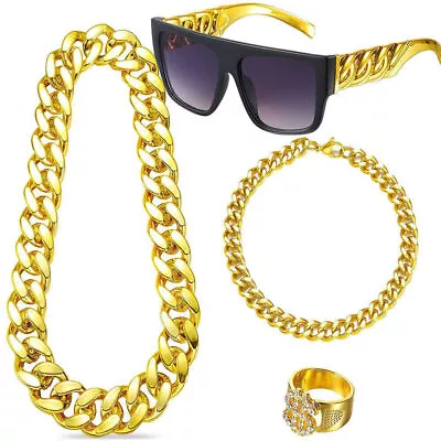 Bling Gold Chain Ring Gangster Hip Hop Rapper Fancy Dress Costume Accessory Set' • £15.09