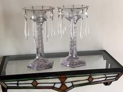 Antique Set Lavender Crystal Glass Candle Sticks  Unmarked Heisey? • $99