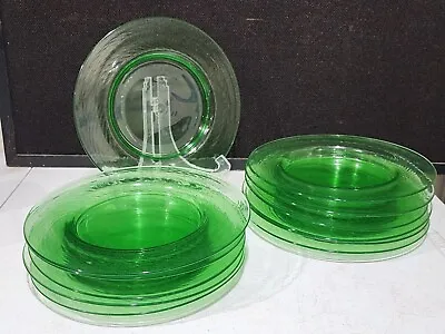 SET OF 11- Uranium Optic Swirl Green Vaseline Glass 9  Plates Hand Blown • $149.62