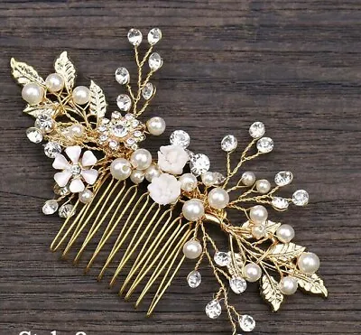 £7.99 • Buy Ladies Gold Bridal Jewellery Pearl Bridal Hairpiece Bridesmaid Hair Comb Jewels