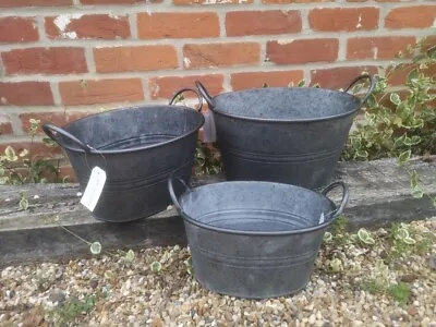 3X Vintage Oval Grey Zinc Galvanised Metal Garden Flower Planter/Tub/Pot/Bucket • £37.50