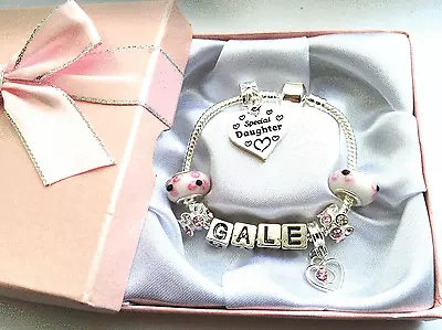 £6.99 • Buy Personalised ANY NAME Childrens Girls Wedding  Pink Silver Charm Bracelet Gift