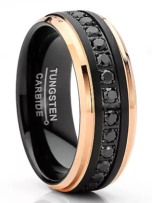 Men Tungsten Two-Tone Wedding Band Hammered Eternity Ring CZ Comfort-Fit 8MM • $49.99