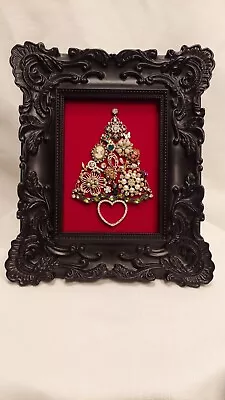 Vintage Handmade JEWELRY 3D CHRISTMAS TREE Art On Red Velvet W/Black Frame (U7) • $85