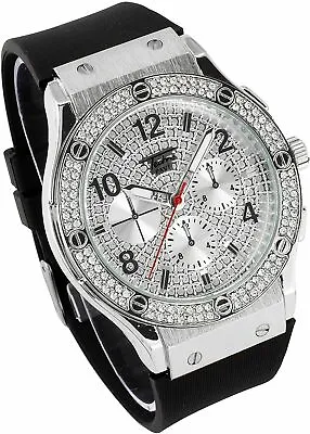 Men Iced Watch Bling Rapper Lab Diamond Black Silicon Band Luxury Silver Metal • $21.99