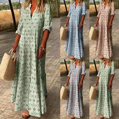 Ladies Long Dress Sleeve Maxi Dresses Women Casual V Neck Party Sexy Ruched • $34.99