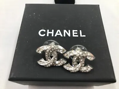 CHANEL CC Logos Rhinestone Twist Stud Earrings Silver Holiday Tone Auth W/Box • $299.99