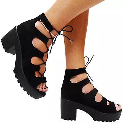 New Womens Ladies Mid Low Block Heel Chunky Lace Up Cut Out Gladiator Shoes Size • £16.95