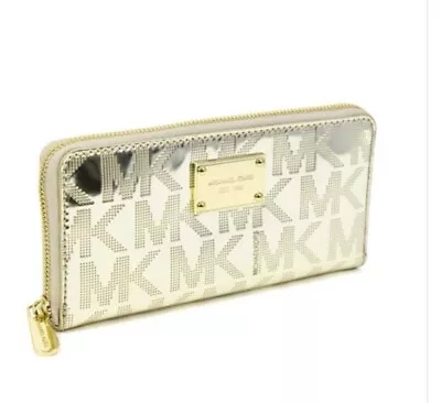 Michael Kors Jet Set Travel Continental Pale Gold Mirror Zip Around Wallet Purse • $20.50