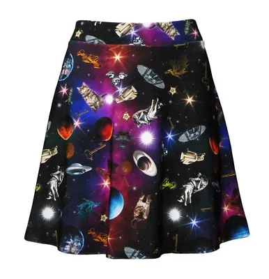 Space Galaxy Cat Stars Dragon Space Ship Planets Angel Print Flare Skater Skirt  • £19.99