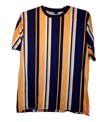 Shein Large Striped Yellow Blue White Men Stretch Tee Shirt Sz L MR • $13.57