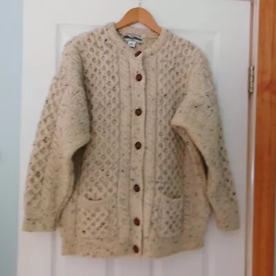 Mens Aran 100% Wool  Fisherman Cardigan Sweater Size Large Made In Ireland • $49.99