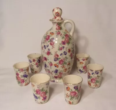 Vintage Ceramic Liquor Decanter With 6 Cordial Shot Glasses Liquor Set Floral   • $52.98