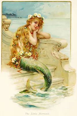 The Little Mermaid Siren Ocean Flower Creature Fairy Tale Vintage Poster Repro • $10.96