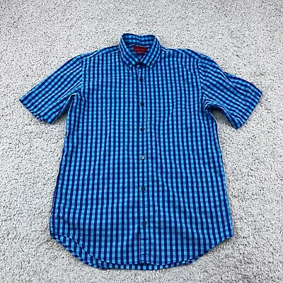 ZARA Shirt Mens Medium Blue Check Super Slim Button Down Short Sleeve Preppy • $11.98