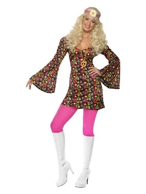 Ladies 1960s Hippy Girl Costume CND Flower Power Groovy Hippie Woman Fancy Dress • £18.99