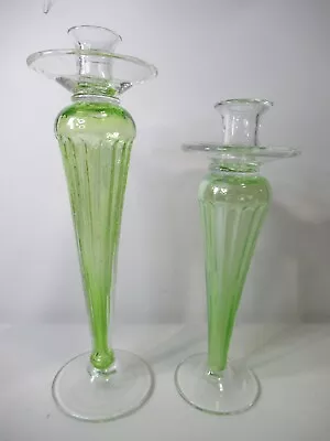 Vintage Two VENETIAN MURANO Iridescent Green Glass Candlestick Candle Holder  • $19.99