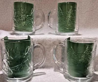 Vintage Sleigh Ride & Christmas Tree Clear Glass Mugs By Luminarc USA Set Of 4 • $22.95