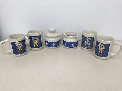 7 Lot Vintage Morton Salt Kitchen Set Umbrella Girl 4 Mugs Creamer Sugar • $32.89