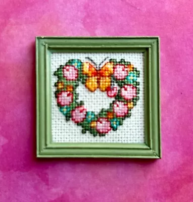 1:12 Scale Miniature Artist Made Needlepoint Picture Of A Heart Wreath • $39.40