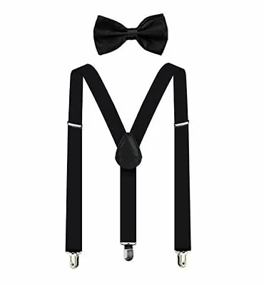 All Black Bow Tie & Suspender Set Tuxedo Wedding Suit Formal Men's Accessories  • $8.50