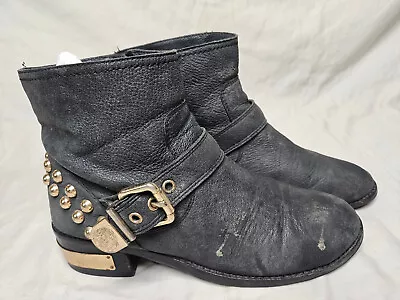 Vince Camuto Ankle Boots Womens Size 8.5 Black Moto Gold Studded Buckle Strap • $10.46