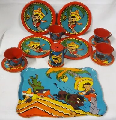 C1940's OHIO ART #80 MEXICAN BOY Tin TOY TEA SET W TRAY- By B.K. BENJAMIN-SIGNED • $55.02