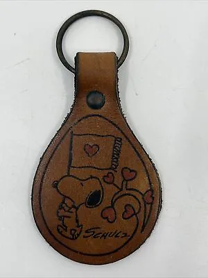 Vintage Leather Snoopy Keychain Hearts Tree Flag Woodstock 4” Key Ring • $20