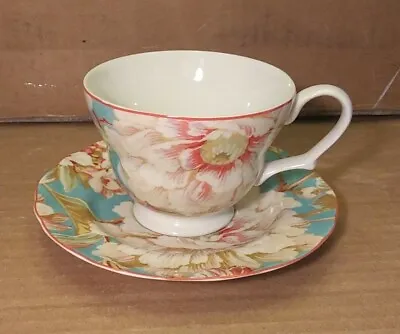 222 Fifth MARLEY TEAL Cup Saucer Coffee Tea Floral Porcelain Set 4  Wide Cup • $11.99