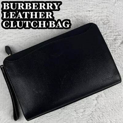 BURBERRY Leather Clutch Bag With Horse Logo Zip Black Vintage 11.4x7.9  ShipJP • $139