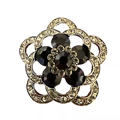 Vintage Mourning Brooch Black Glass & Clear Rhinestones Flower Silver Tone Metal • $29