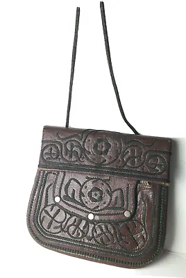 Vtg Handbag Moroccan Boho Leather Shoulder Bag Brown Black Embroidery Fold Over  • $50