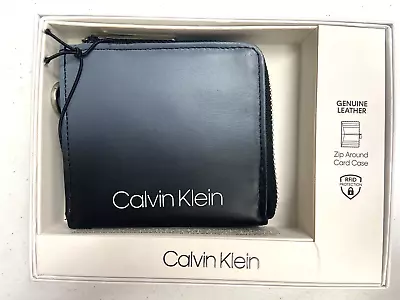 Calvin Klein Men RFID Zip Card Wallet Gusset C Black Gray Leather MSRP $50 • $25.27