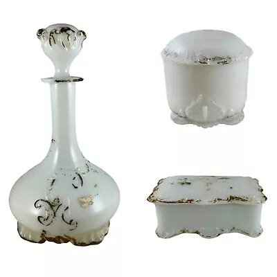 Antique Victorian Vanity Dresser Set Milk Glass Set Of 3 • $75