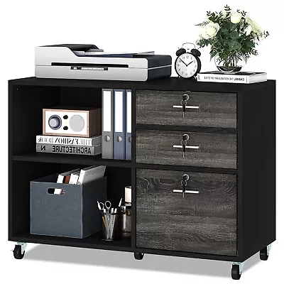 $99.99 • Buy 3 Drawers Wood Storage Cabinet Filing File Cabinet W/ Wheel & Open Storage Shelf