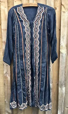 Black Silk Muslin Lined Long Vintage Boho Gown Robe Indian Handmade Embroidery • $44.80