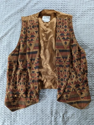 $50.99 • Buy Vakko Vest Womens 6 Brown Suede Leather Southwestern Aztec Tribal Print Open USA