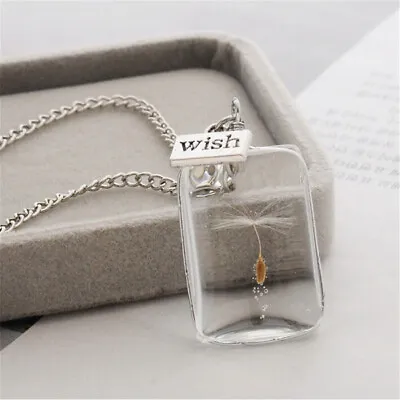 Dandelion Seed MAKE A WISH Rectangle Necklace Silver Chain Gift Pendant Resin • $12.99