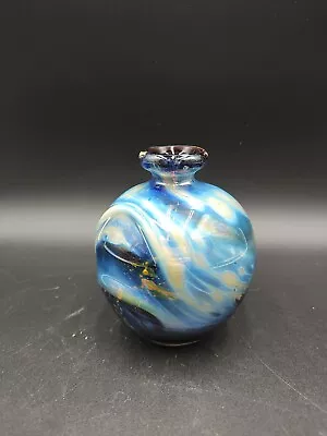 Vintage MDINA Blue & Gold Pulled Ear Sand & Sea Art Glass Vase Signed Blue  • $53.44