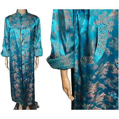 Vintage 1960s Coat Long Cheongsam Evening Coat Aqua Blue Brocade Metallic Gold • $245