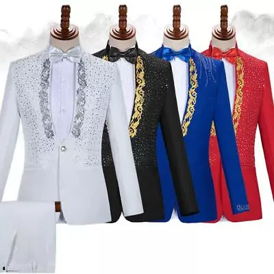 $62.22 • Buy 2Pcs Suits Men's Dress Blazer Pants Coat One Button Slim Fit Korean Sequin Chic