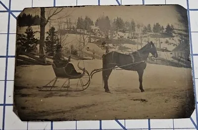 Antique Tin Type Man In FURS WITH BLANKET IN HORSE DRAWN SLEIGH WINTER SCENE Z1 • $75