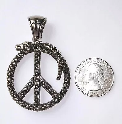 ! Vintage 925 Sterling Silver Original Patina Snake Wrapped Peace Sign Pendant • $99