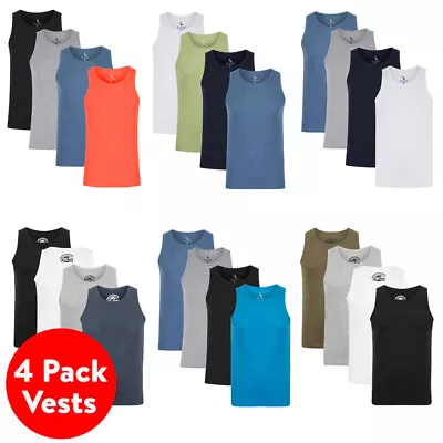 Men's 4 Pack Vests Cotton Ribbed Sleeveless Gym Muscle Tank Tops Summer Training • £21.99